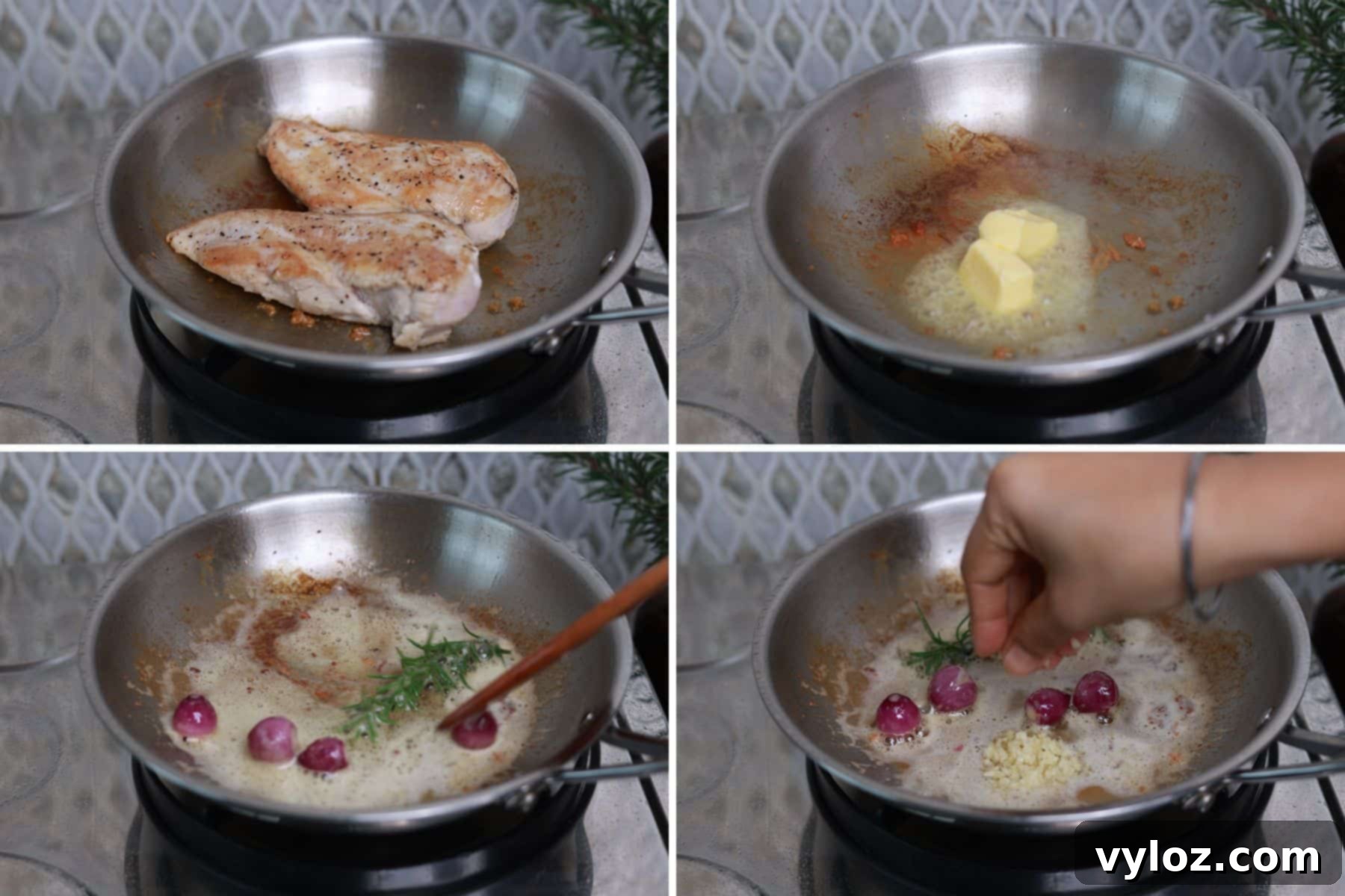 Four images showing the cooking process: searing chicken breasts, sautéing shallots, rosemary, and garlic in butter.