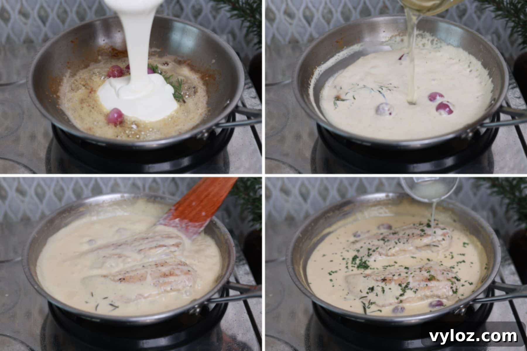 Four images showing the final steps: adding heavy cream and chicken broth, then simmering the seared chicken in the sauce.