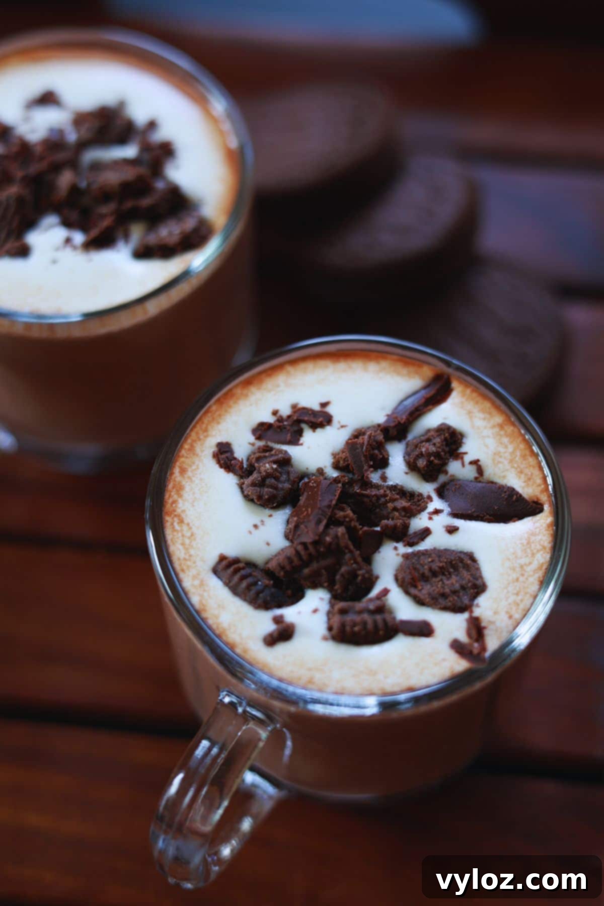 Delicious looking Oreo hot drink served in two glass cups, garnished with whipped cream and cookie crumbs.