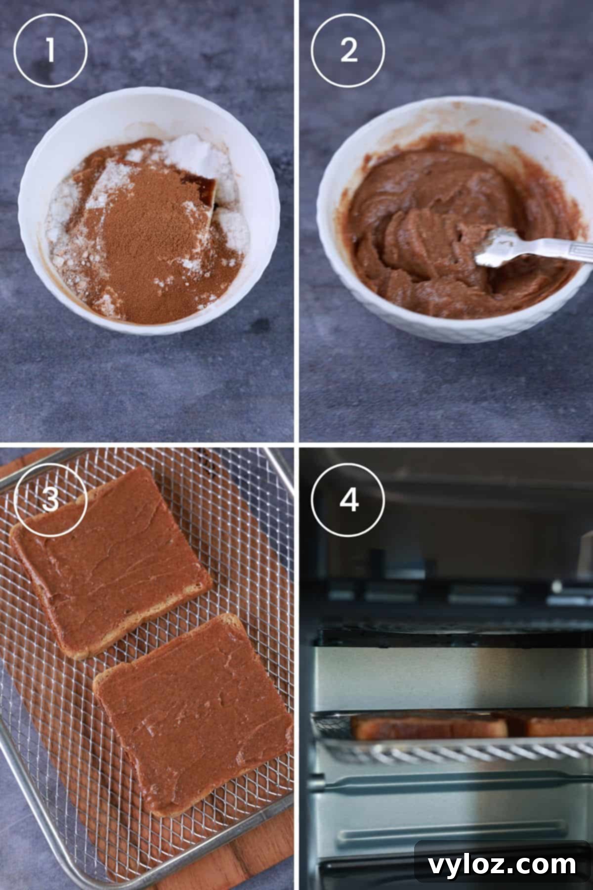 Golden Air Fryer Cinnamon Toast 4 4 images showing preparing cinnamon buter, spreading on bread slices, and air frying cinnamon toast.