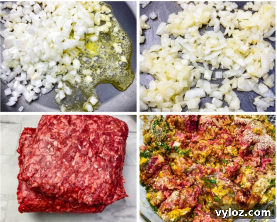 Ground beef mixture with onions and butter in a glass bowl, ready for air fryer meatloaf.