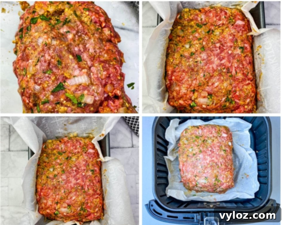 Raw meatloaf formed in a loaf pan, ready to be cooked in the air fryer.