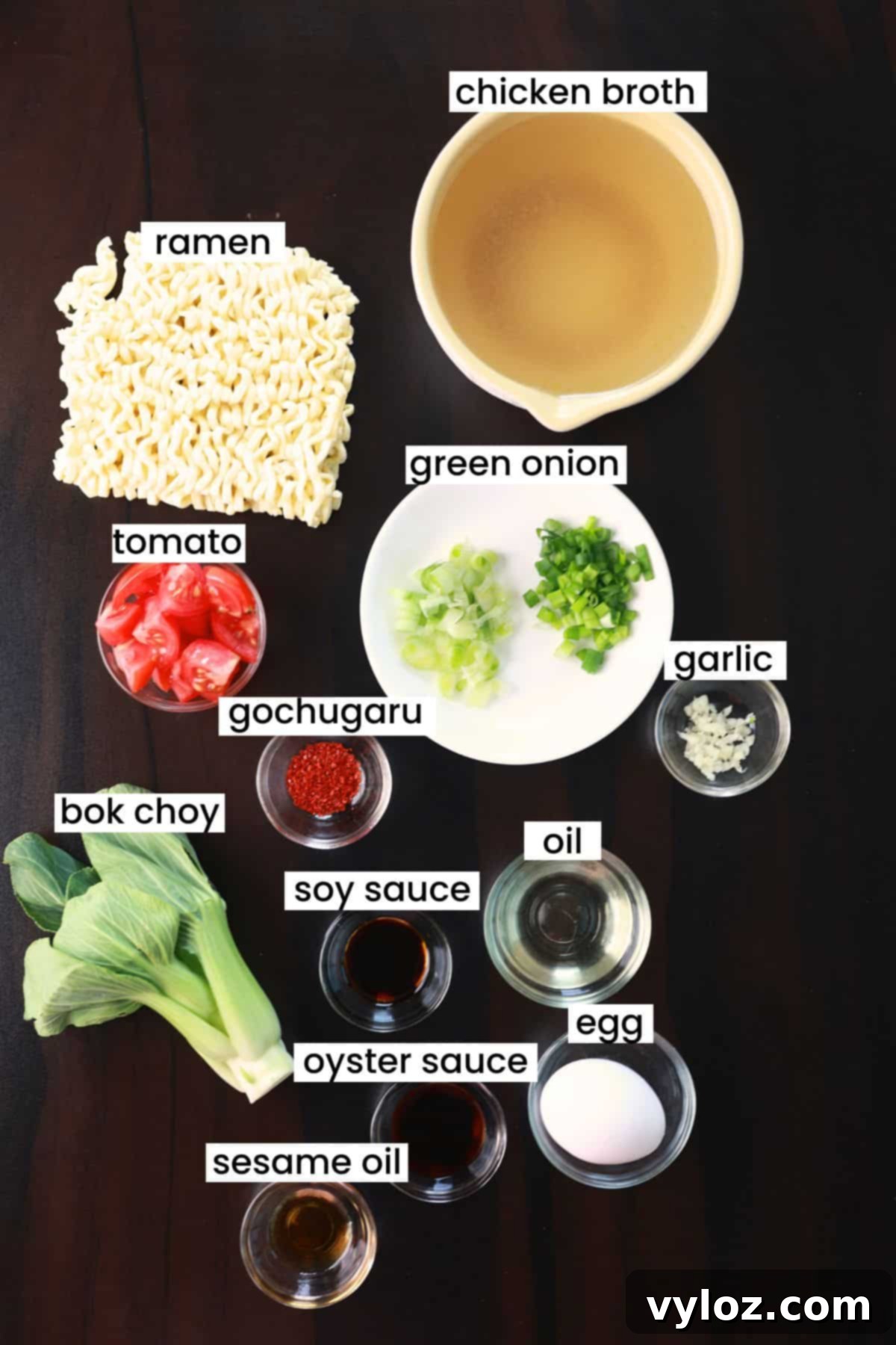A flat lay image displaying all the fresh ingredients needed for 10-minute tomato ramen, including instant noodles, a ripe tomato, bok choy, garlic, green onions, and various sauces, artfully arranged on a dark background.