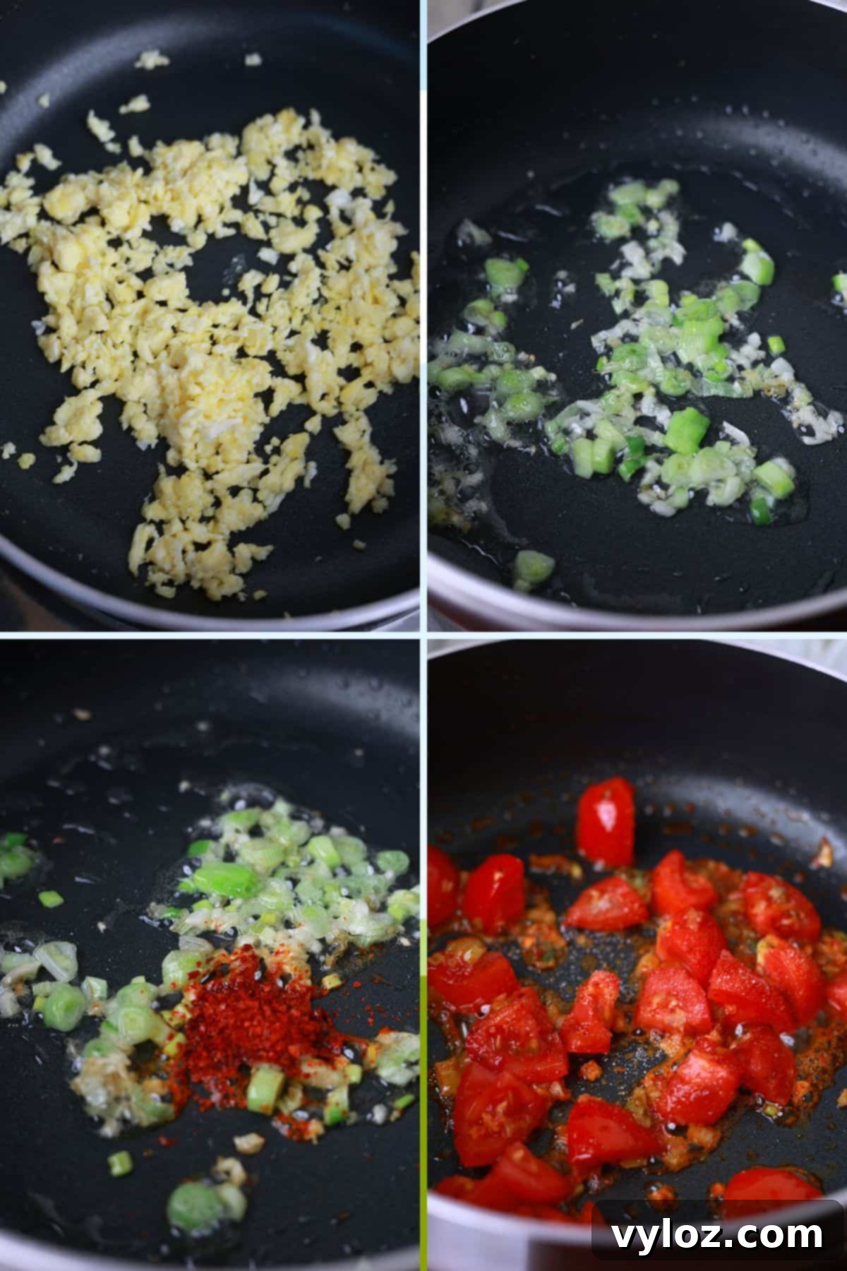 A four-panel image collage illustrating the initial cooking steps: scrambling an egg, sautéing garlic and green onion, and finally, cooking diced tomatoes in the pot for the tomato ramen broth.
