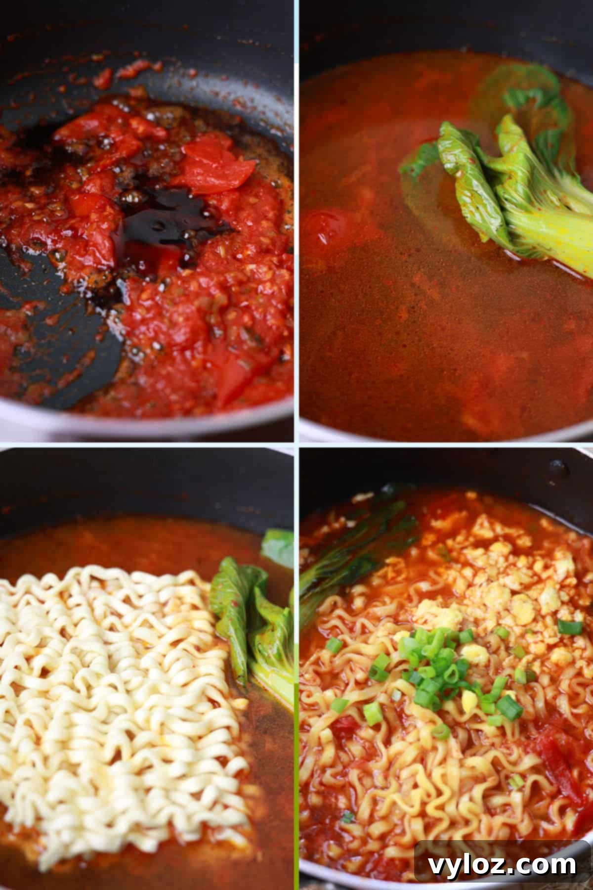 A four-panel image collage showing the progression of the tomato ramen: seasoning the tomato base, simmering the rich broth, adding bok choy, and finally cooking the instant ramen noodles directly in the flavorful soup.