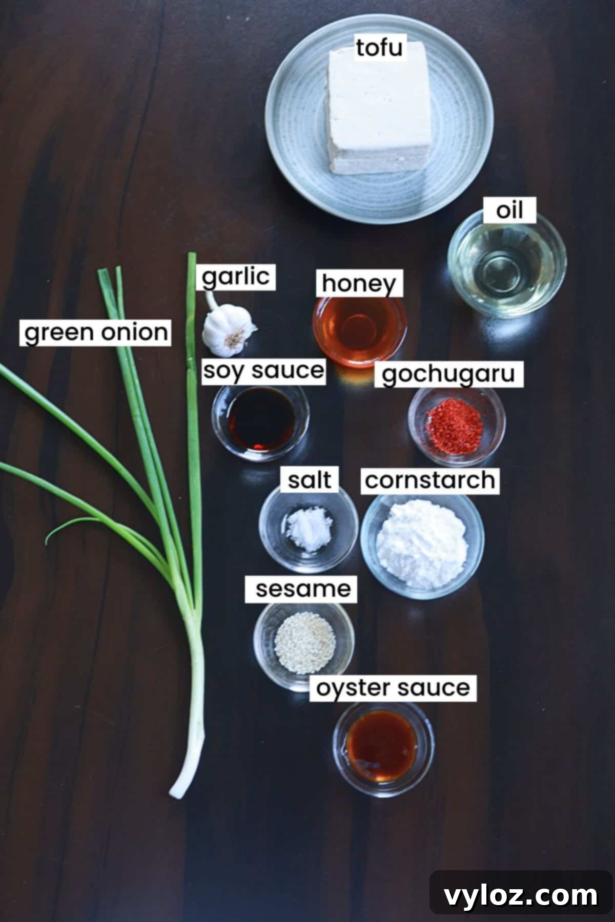 A well-organized spread of ingredients for honey garlic tofu, featuring tofu, garlic, honey, soy sauce, cornstarch, and seasonings.