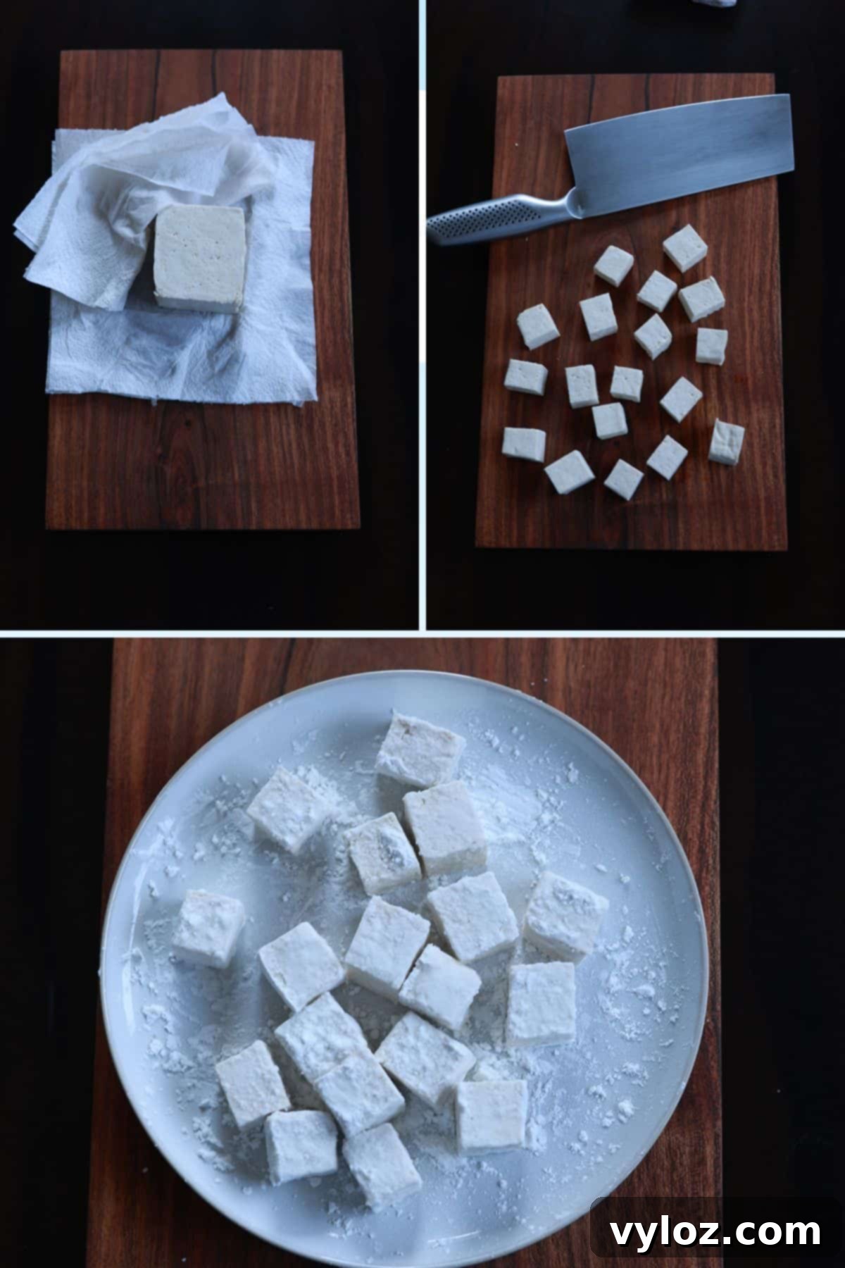 Step-by-step collage of making honey garlic tofu: cutting tofu into cubes, and coating in cornstarch.