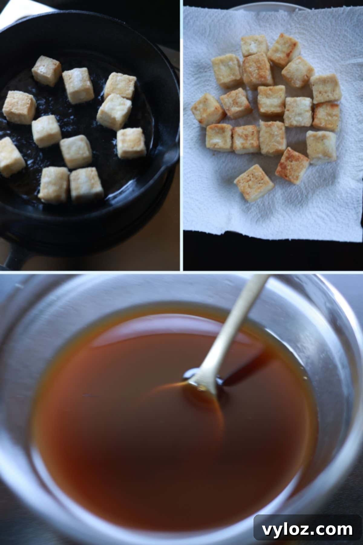 Collage of pan-frying tofu until golden, keeping pan-fried tofu on a plate, and a bowl of honey garlic sauce being mixed.
