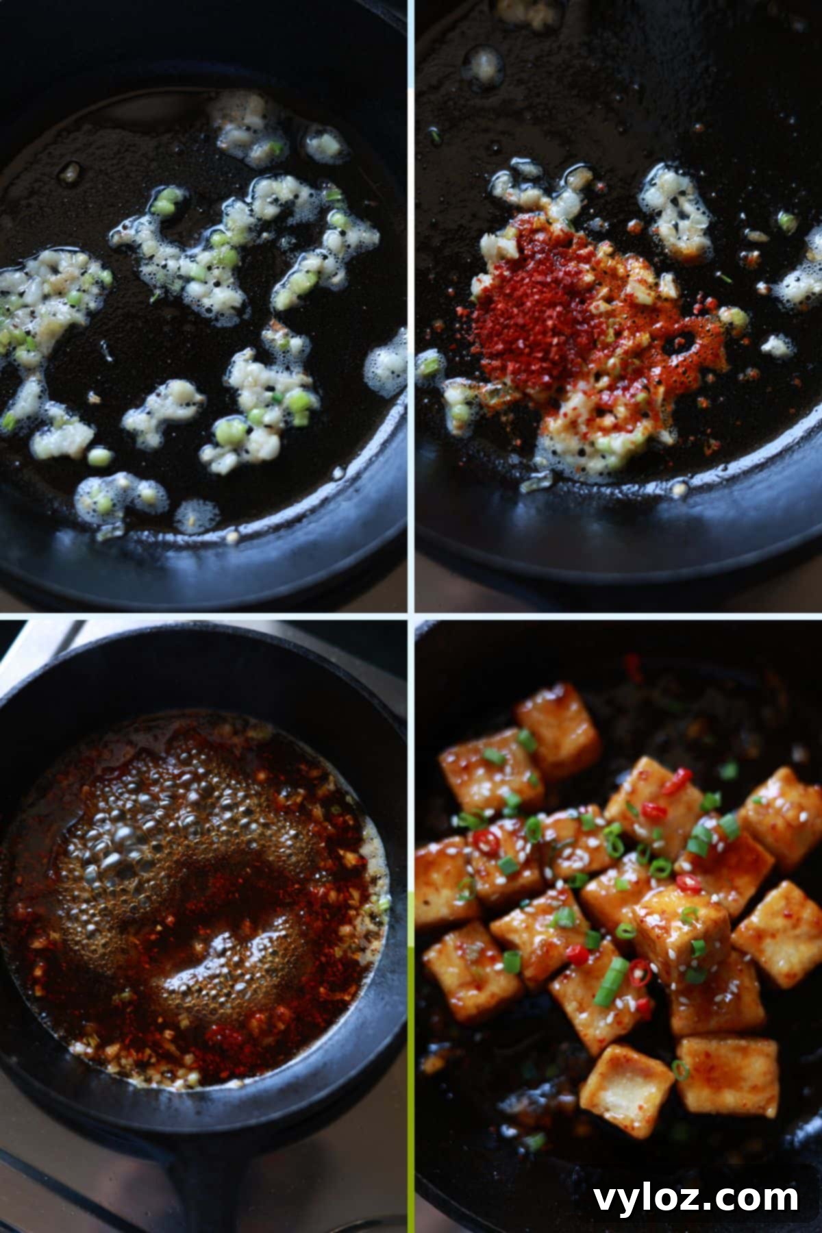 Collage of sautéing aromatics in a pan, adding gochugaru, pouring in the honey garlic sauce, and adding crispy tofu cubes.