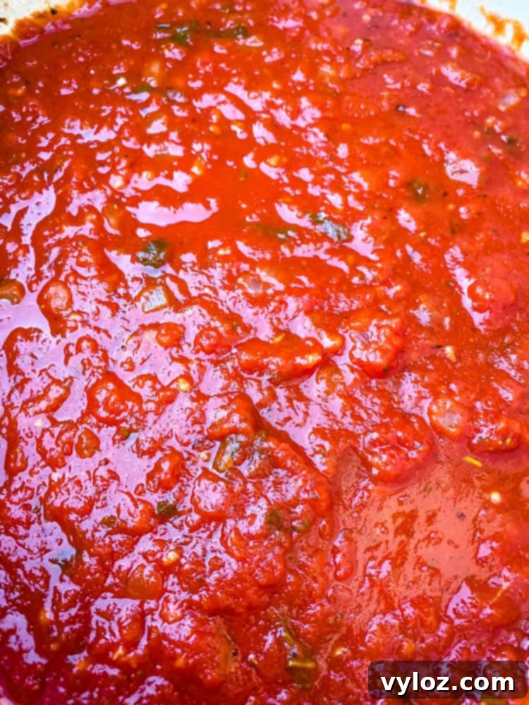 A rich, red keto low carb marinara sauce bubbling gently in a Dutch Oven, ready to be enjoyed.