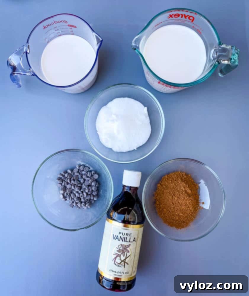 almond milk, sweetener, unsweetened cocoa, chocolate chips, and vanilla for keto low carb hot chocolate