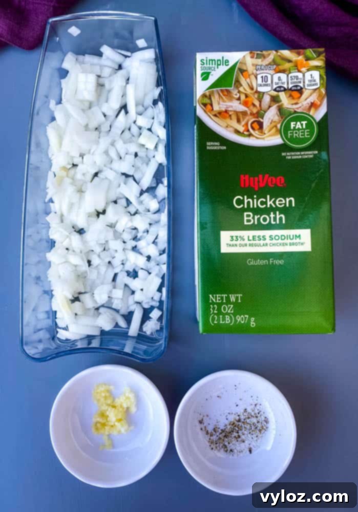 chopped onions, chicken broth, garlic, salt and pepper for keto low carb cauliflower soup