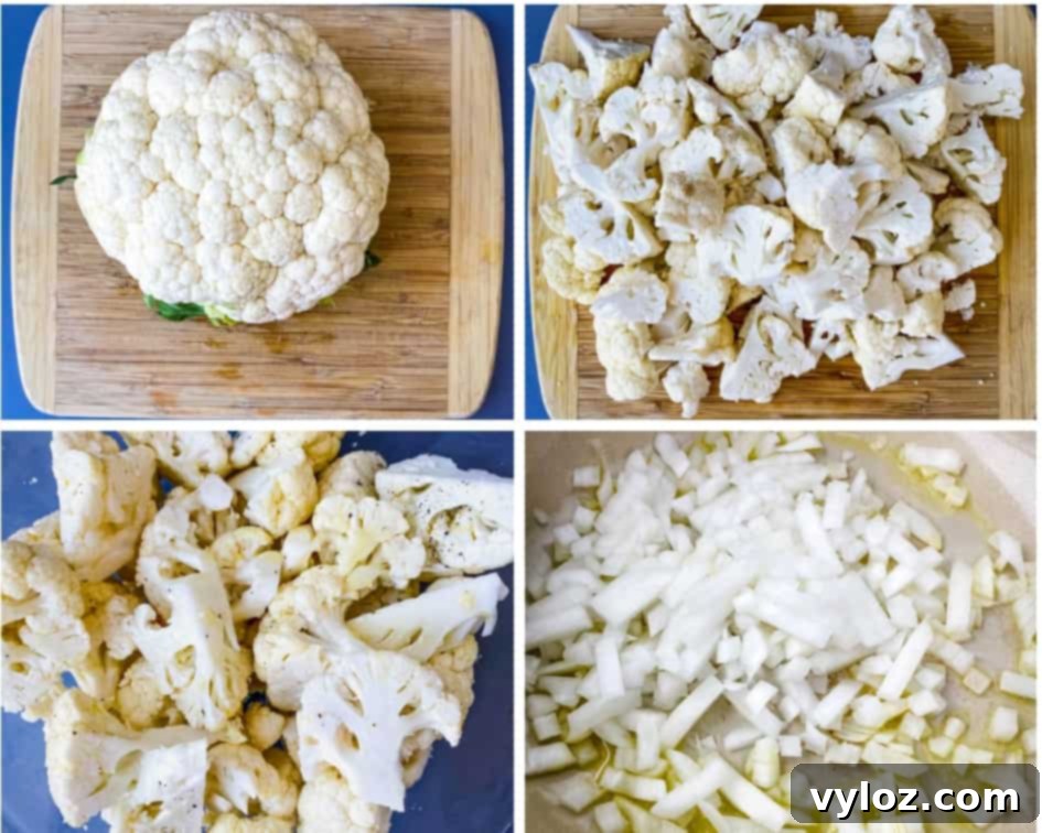 collage photo of 4 photos of chopped cauliflower for keto low carb cauliflower soup