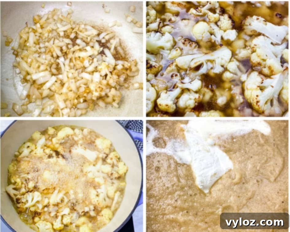 collage photo of keto low carb cauliflower soup in process in a Dutch oven