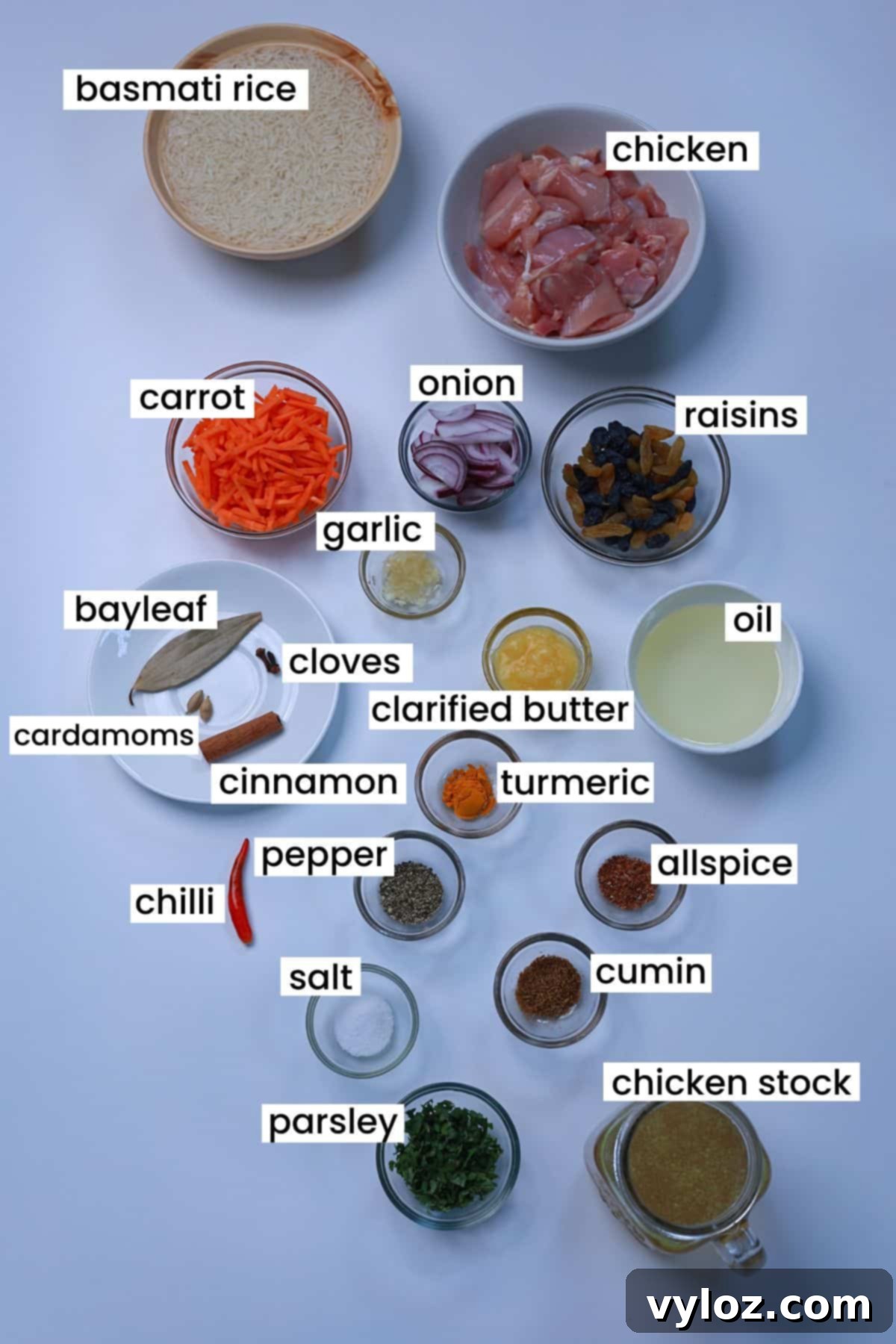 No-Fuss One-Pot Chicken Pilaf 3 Ingredients for easy one-pot chicken pilaf including basmati rice, chicken thighs, carrots, raisins, onions, garlic, whole and ground spices, and fresh parsley.