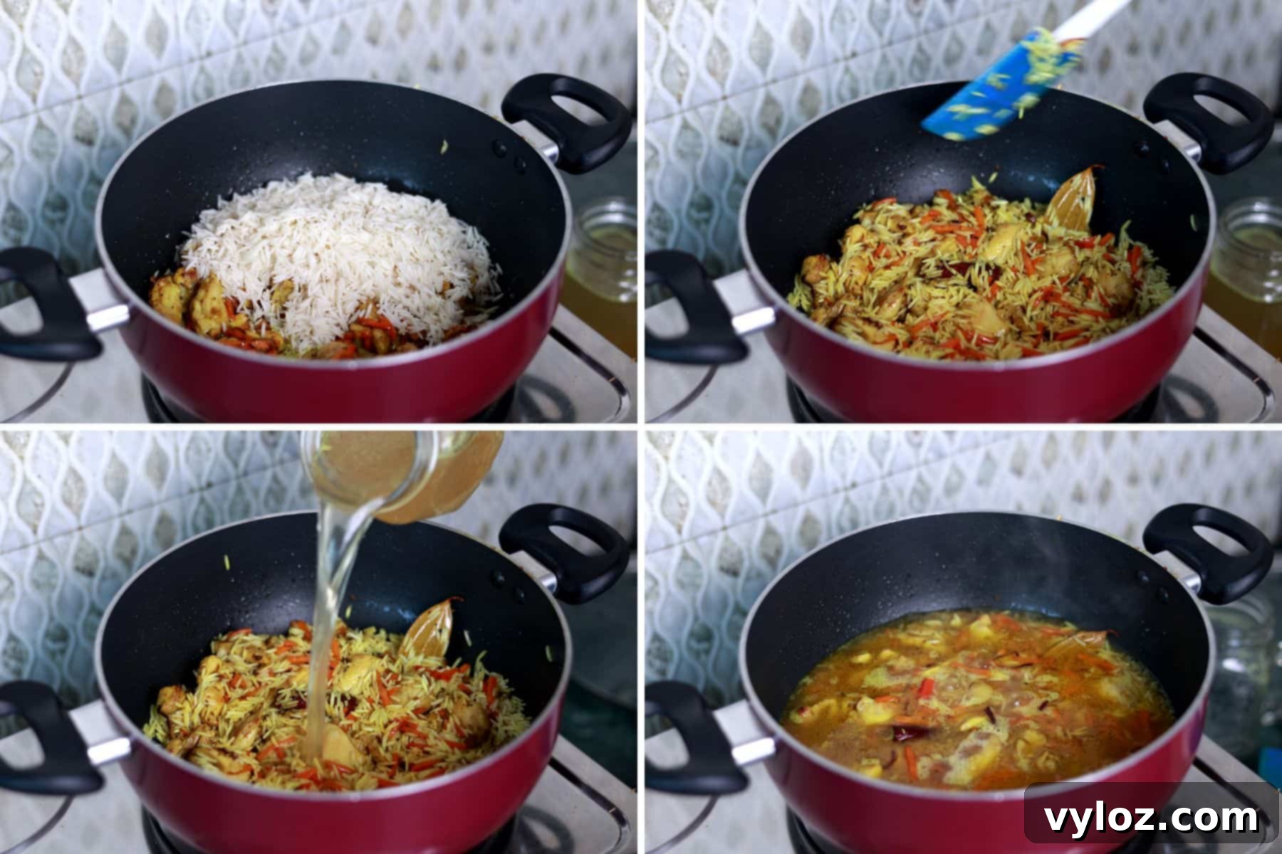 No-Fuss One-Pot Chicken Pilaf 6 The process of gently toasting pre-soaked basmati rice with the aromatic spices and chicken, then pouring in rich chicken stock and adding a fresh chili, bringing the mixture to a boil for the chicken pilaf.