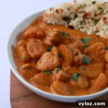 Close-up of chicken and potato curry showing tender chicken pieces and potatoes coated in rich spiced gravy.