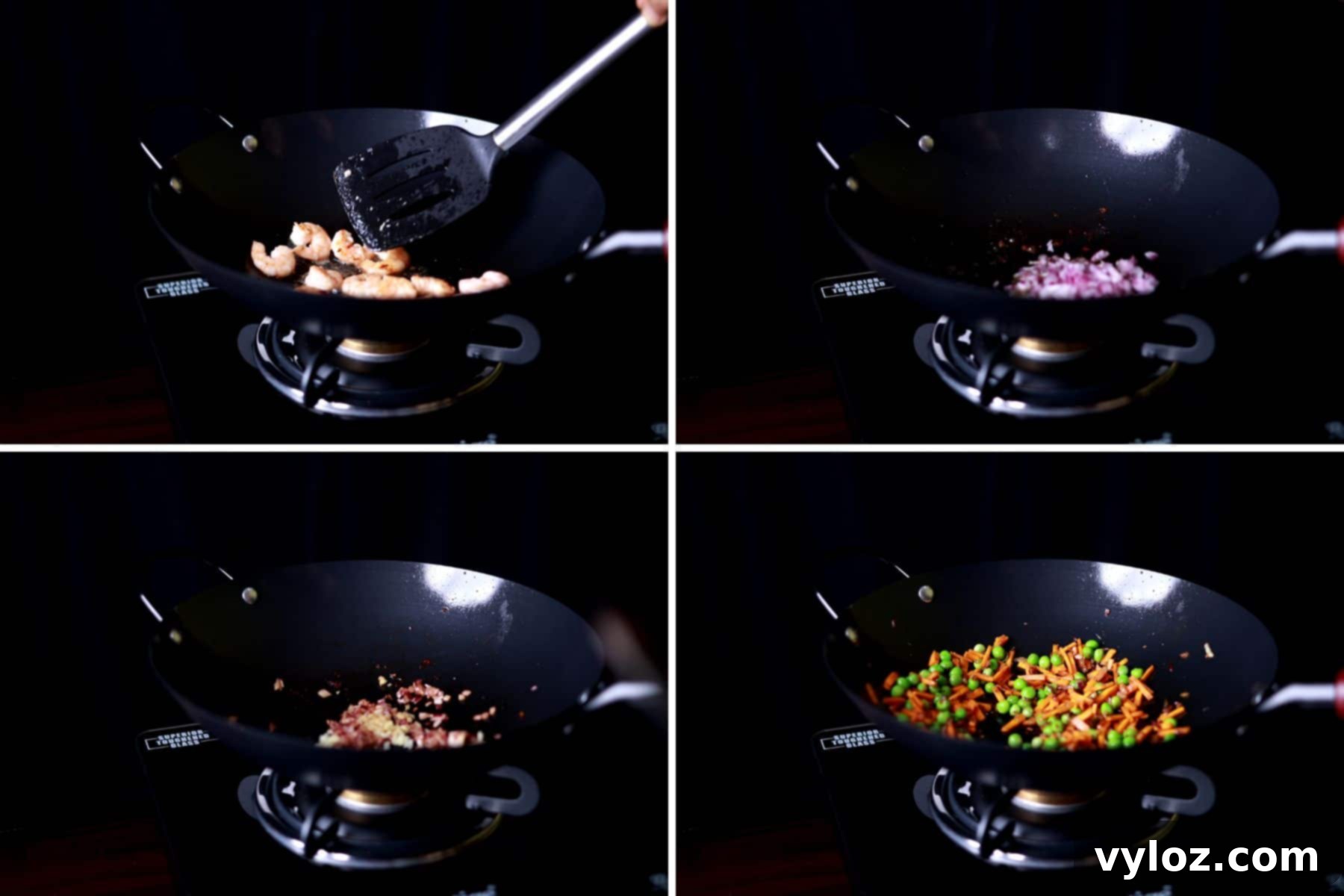 A collage showing the initial steps of making curry fried rice: cooking shrimp, sautéing onions, and adding carrots and peas to a wok.