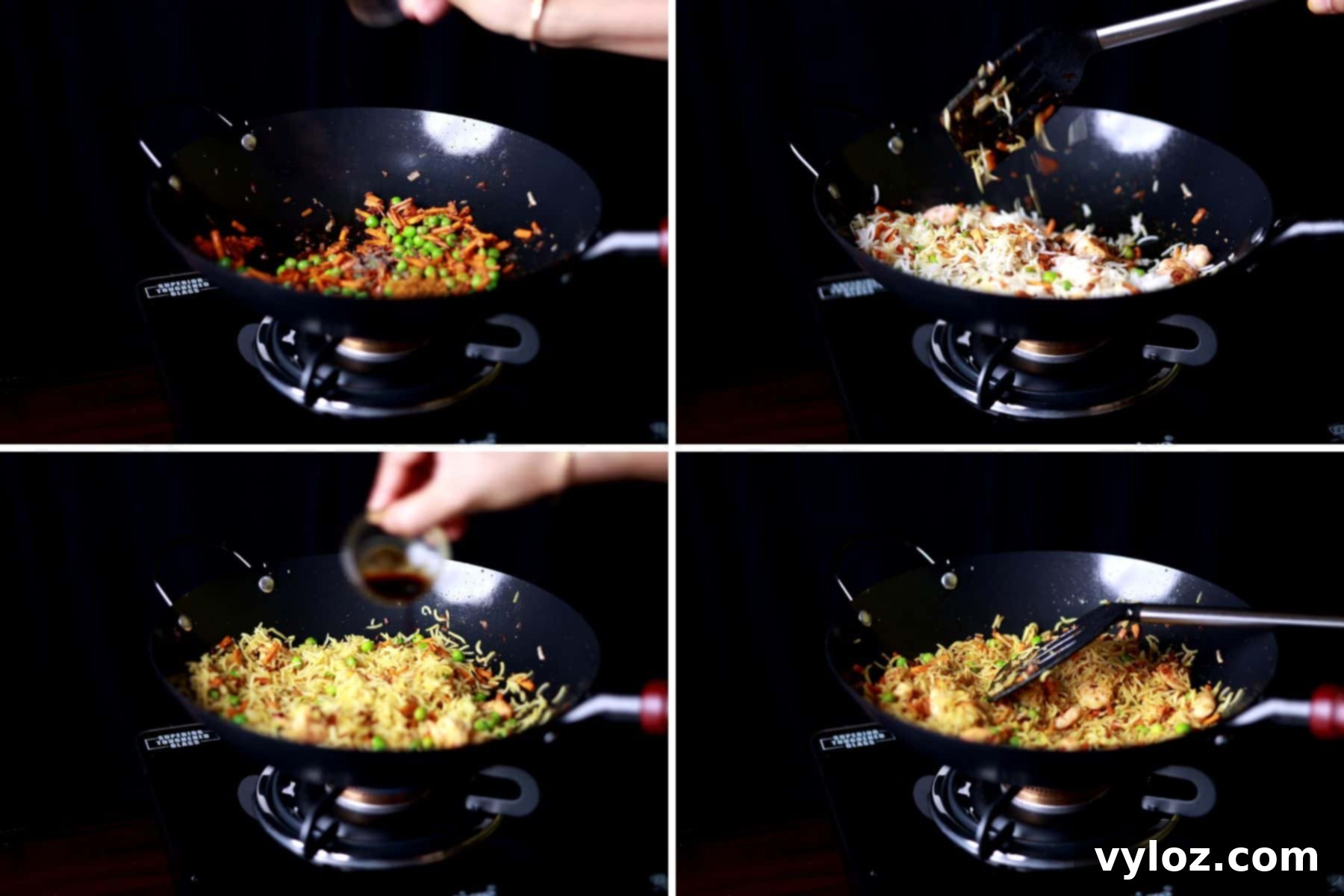 A collage showing the finishing steps of curry fried rice: adding curry powder, combining rice and shrimp, and garnishing with green onions in a wok.