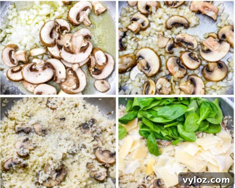 collage photo of 4 photos chopped onions and mushrooms sauteed in a pan, riced cauliflower in a pan with spinach