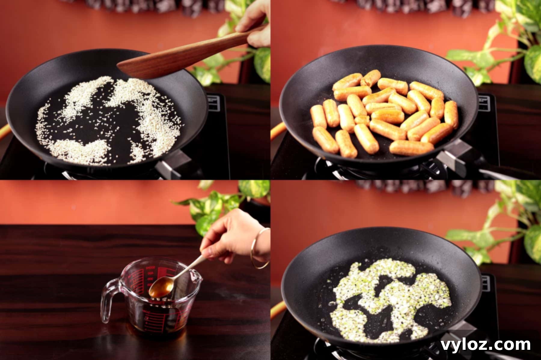 Collage showing toasting sesame seeds, sautéing sausages, mixing sauce, and cooking aromatics.