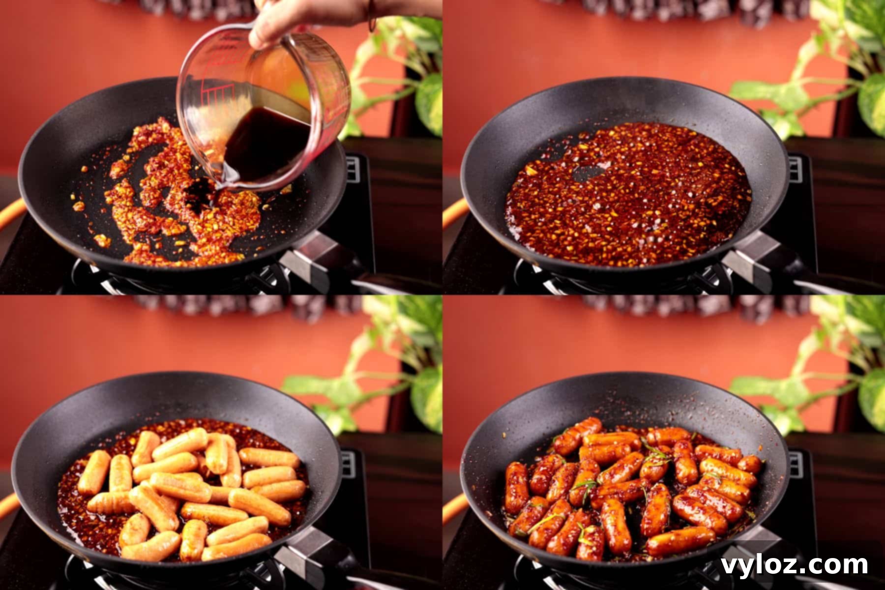 Collage of adding sauce, bubbling sauce, tossing sausages, and garnishing the stir fry.