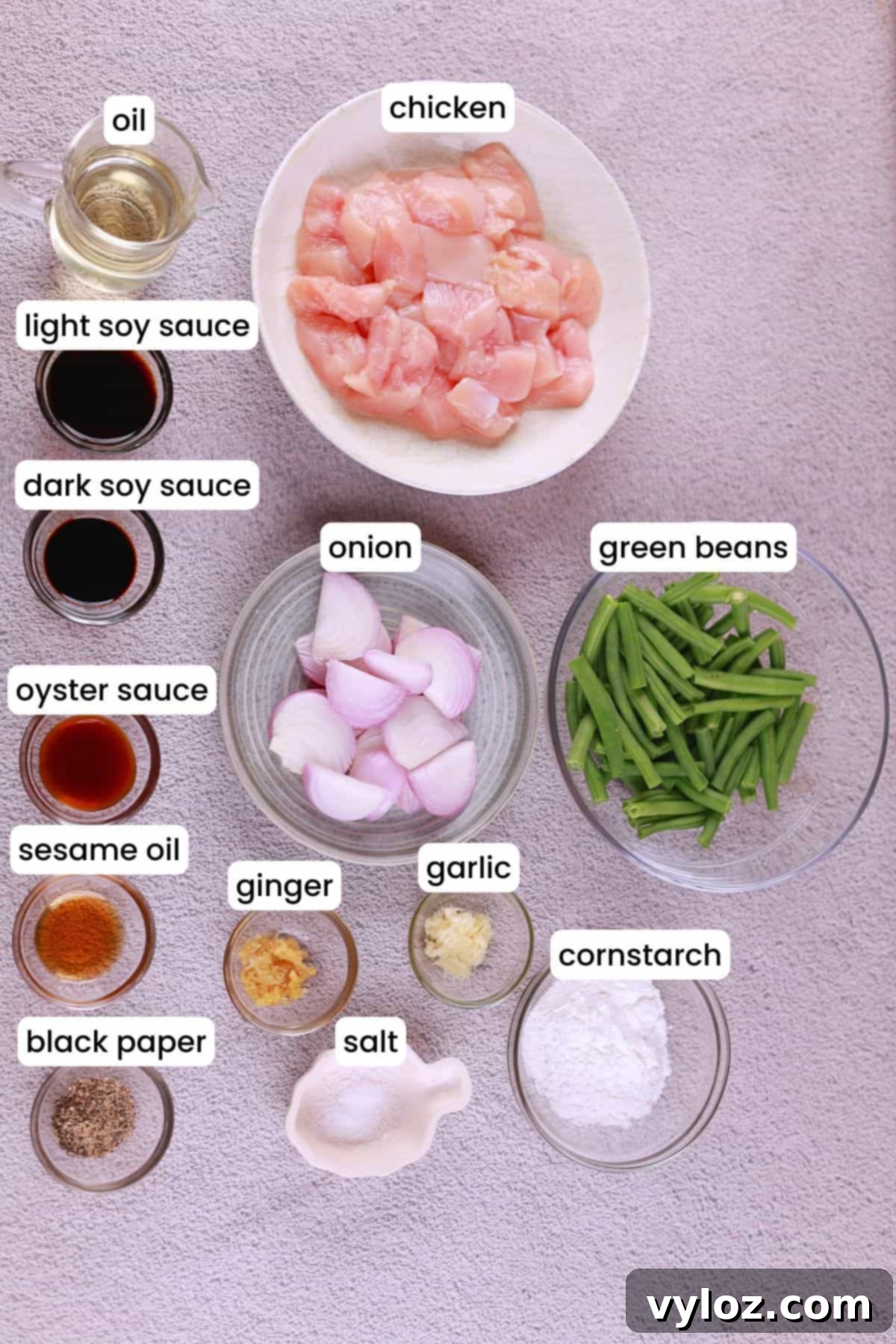 Effortless Chicken and Green Bean Stir Fry 3 Ingredients laid out for chicken and green bean stir fry including chicken, green beans, garlic, soy sauce, and more.