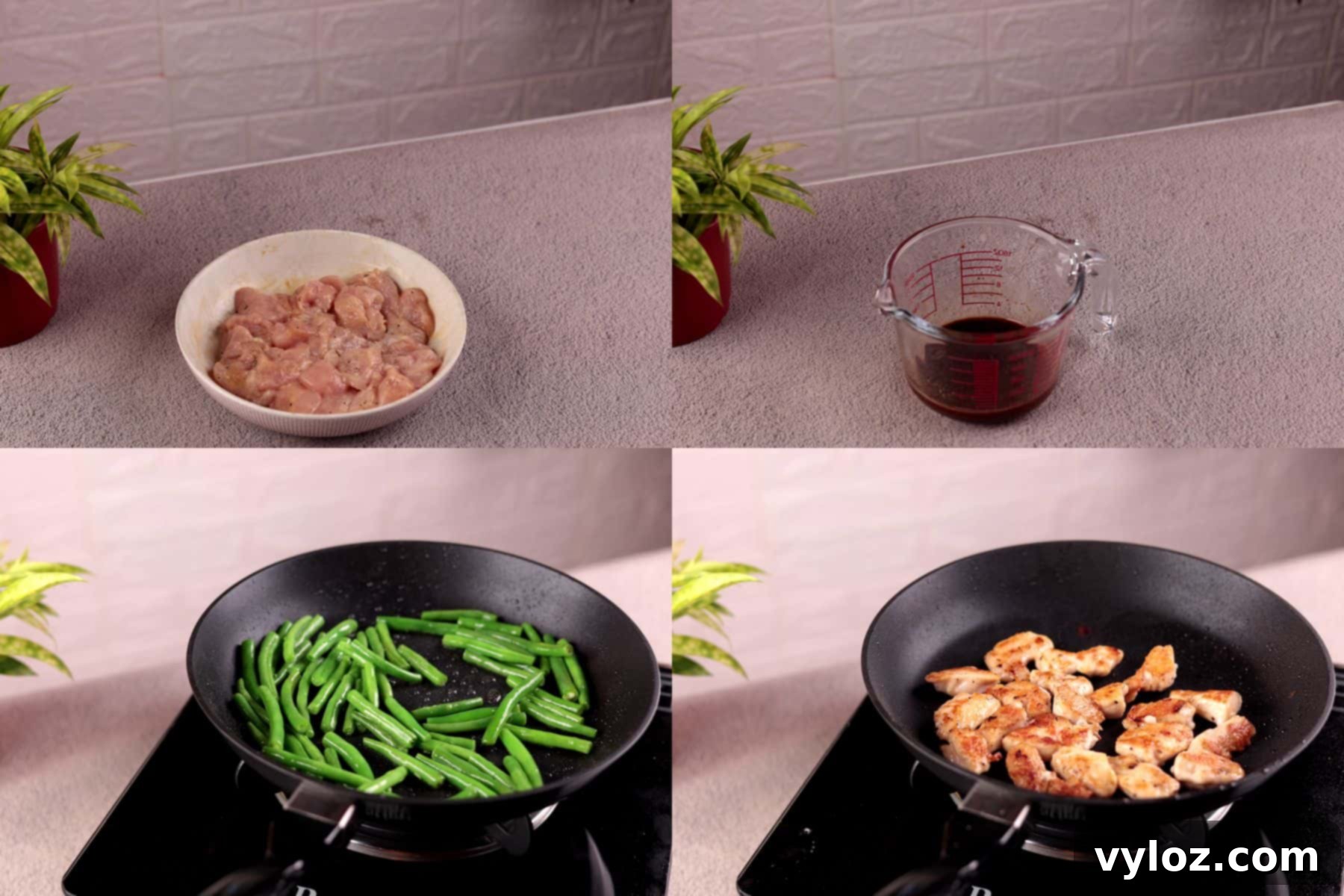 Effortless Chicken and Green Bean Stir Fry 4 Collage showing steps 1–4: marinating chicken, mixing sauce, cooking green beans, and searing chicken.