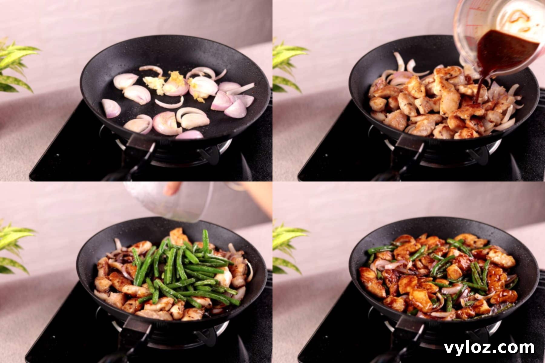 Effortless Chicken and Green Bean Stir Fry 5 Collage of step 5–6: sautéing aromatics, adding chicken, sauce, and green beans, and stir frying everything together.