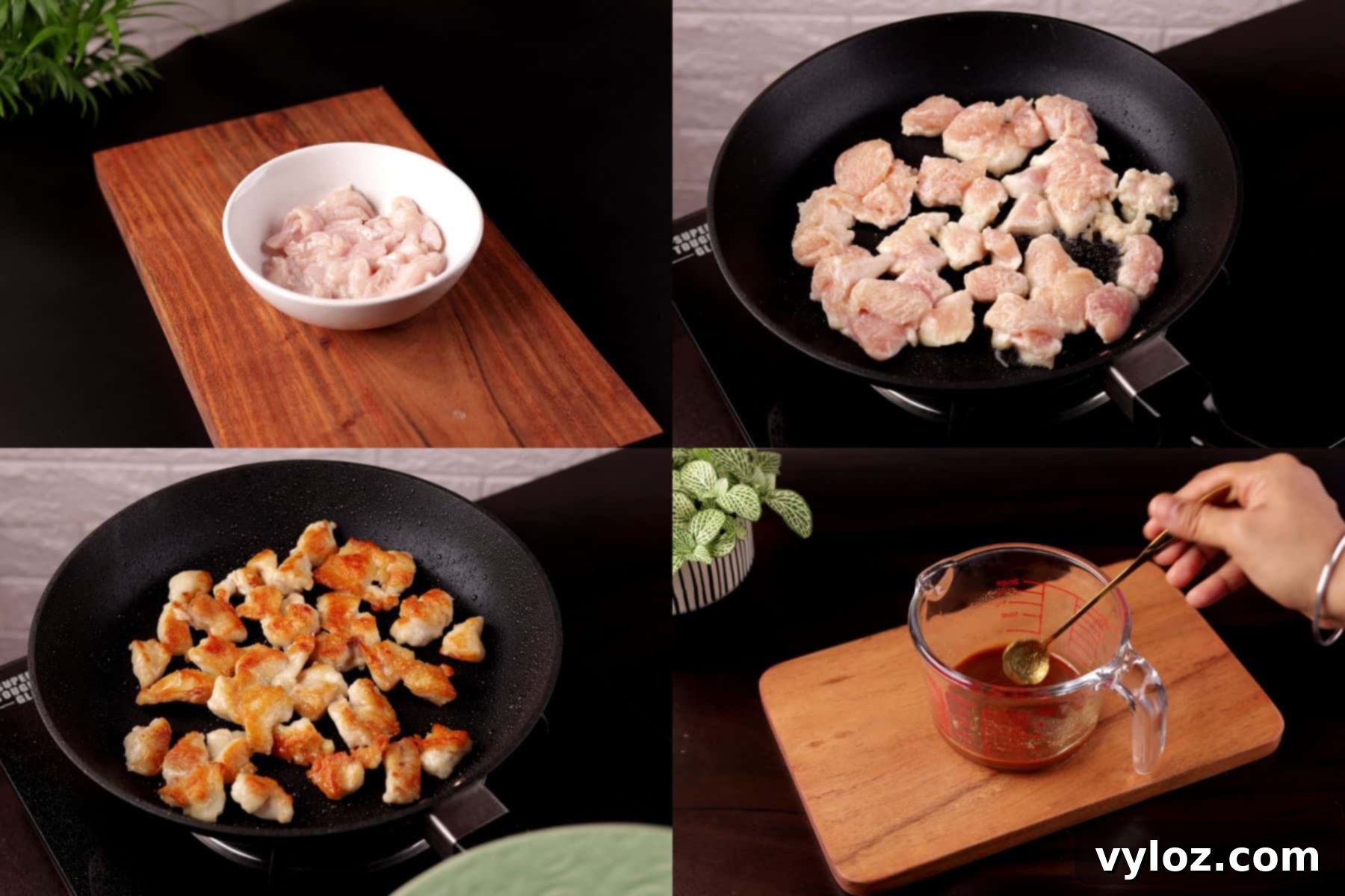 Step-by-step collage showing marinating chicken, pan searing, and mixing garlic sauce for Chinese garlic chicken.