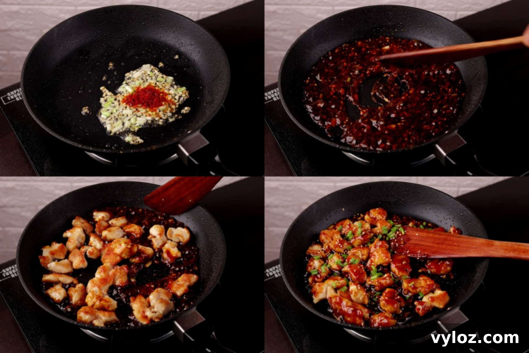 Step-by-step collage showing sauteing aromatics, cooking with sauce, combining chicken, and garnishing for Chinese garlic chicken.