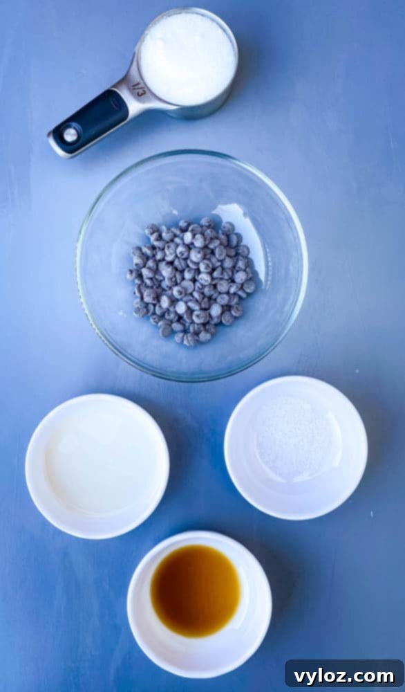 Close-up of sugar-free chocolate chips, monk fruit sweetener, vanilla extract, and salt—key ingredients for low-carb cookie dough bites