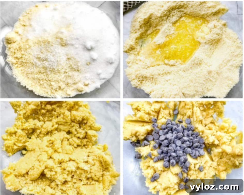 A collage of four photos demonstrating the step-by-step process of making keto cookie dough in a glass bowl, from mixing batter to adding chocolate chips.