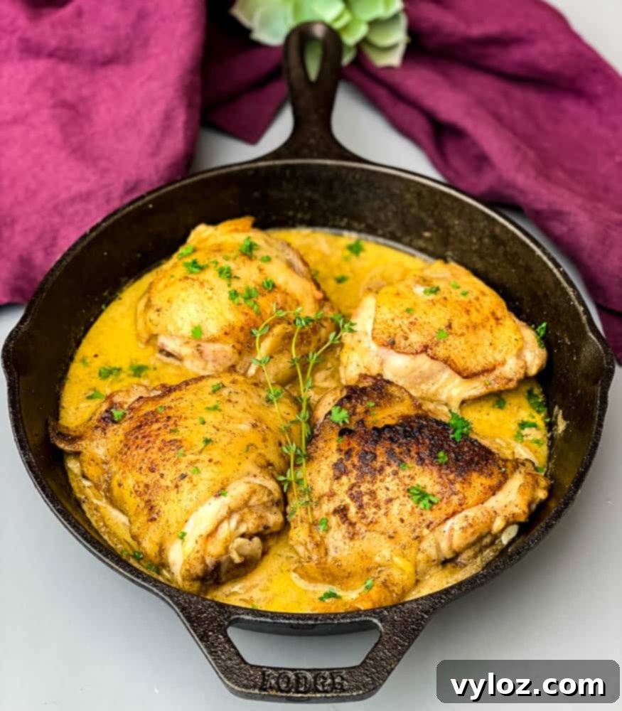 Golden-brown smothered chicken thighs in a cast iron skillet, generously covered with a rich brown gravy and tender onions.
