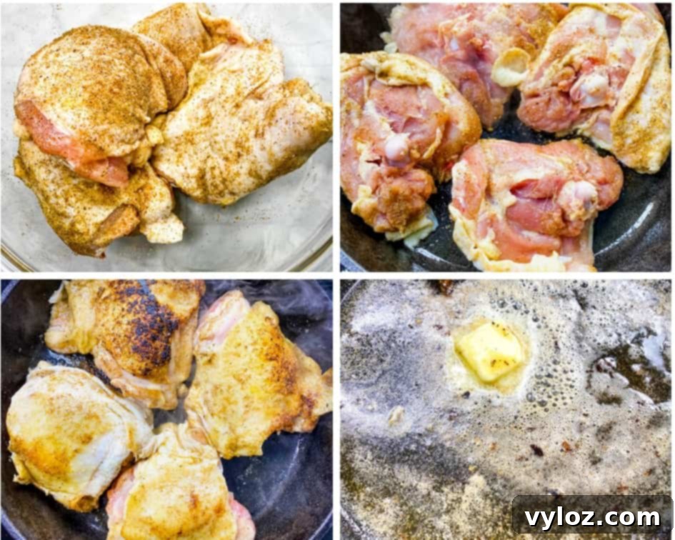 A collage displaying seasoned raw chicken thighs, golden-brown chicken thighs searing in a cast iron skillet, and melted butter in the same skillet.