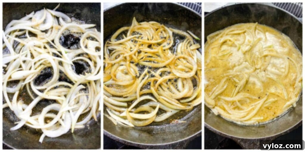 A four-panel collage showing the process of sautéing sliced onions to translucent perfection in a cast iron skillet.