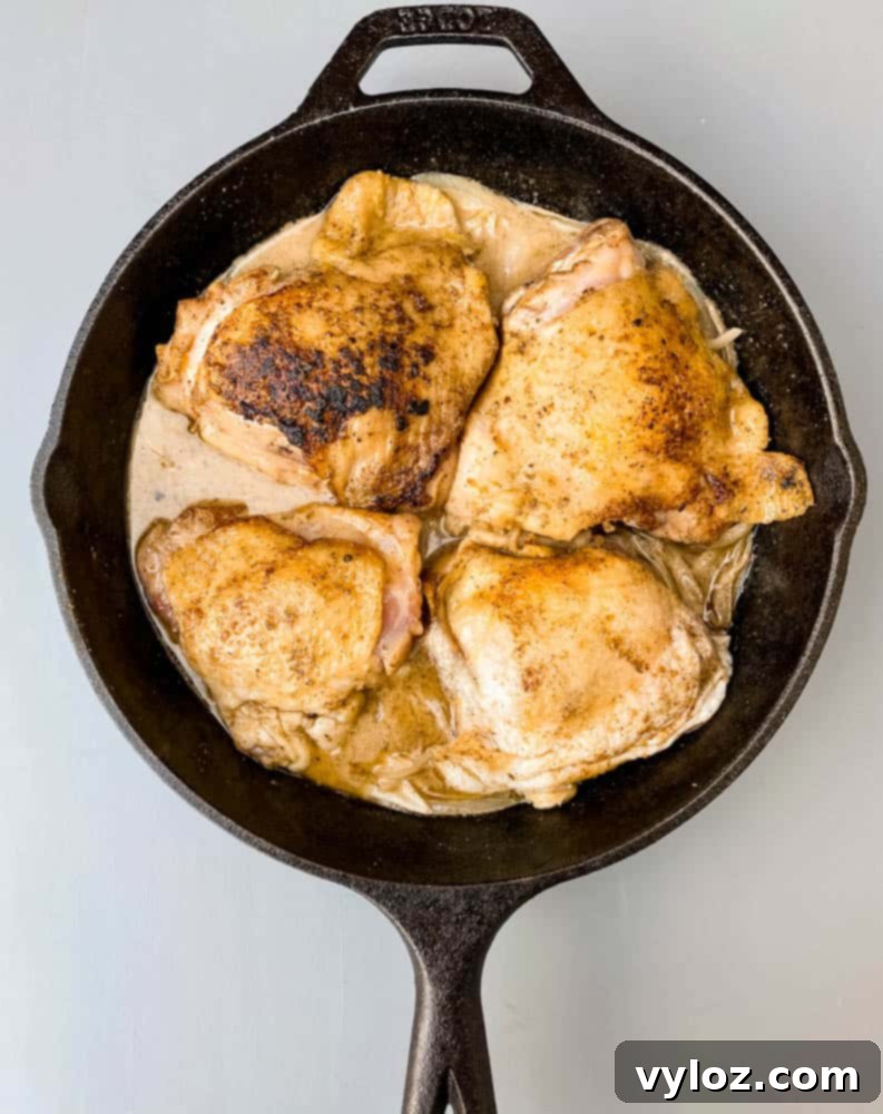 Seared golden-brown chicken thighs resting in a cast iron skillet, lightly coated with gravy, ready for baking.