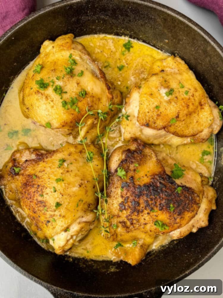 Close-up of golden-brown smothered chicken thighs in a cast iron skillet, generously covered with a rich brown gravy and tender onions, ready to serve.