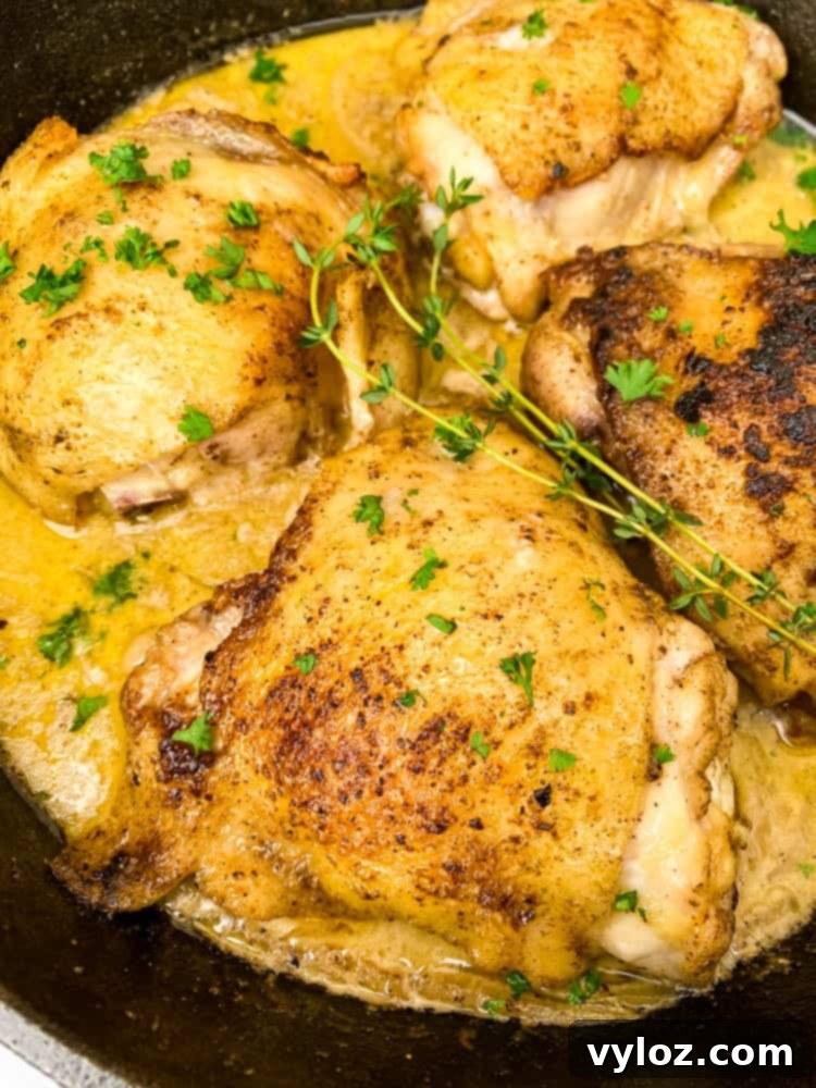 An overhead view of rich, savory smothered chicken thighs nestled in a cast iron skillet, coated in a luscious brown gravy with caramelized onions.