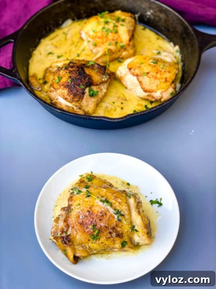 A single serving of golden-brown smothered chicken thigh generously covered in rich brown gravy and onions, presented on a white plate, with the cast iron skillet in the background.