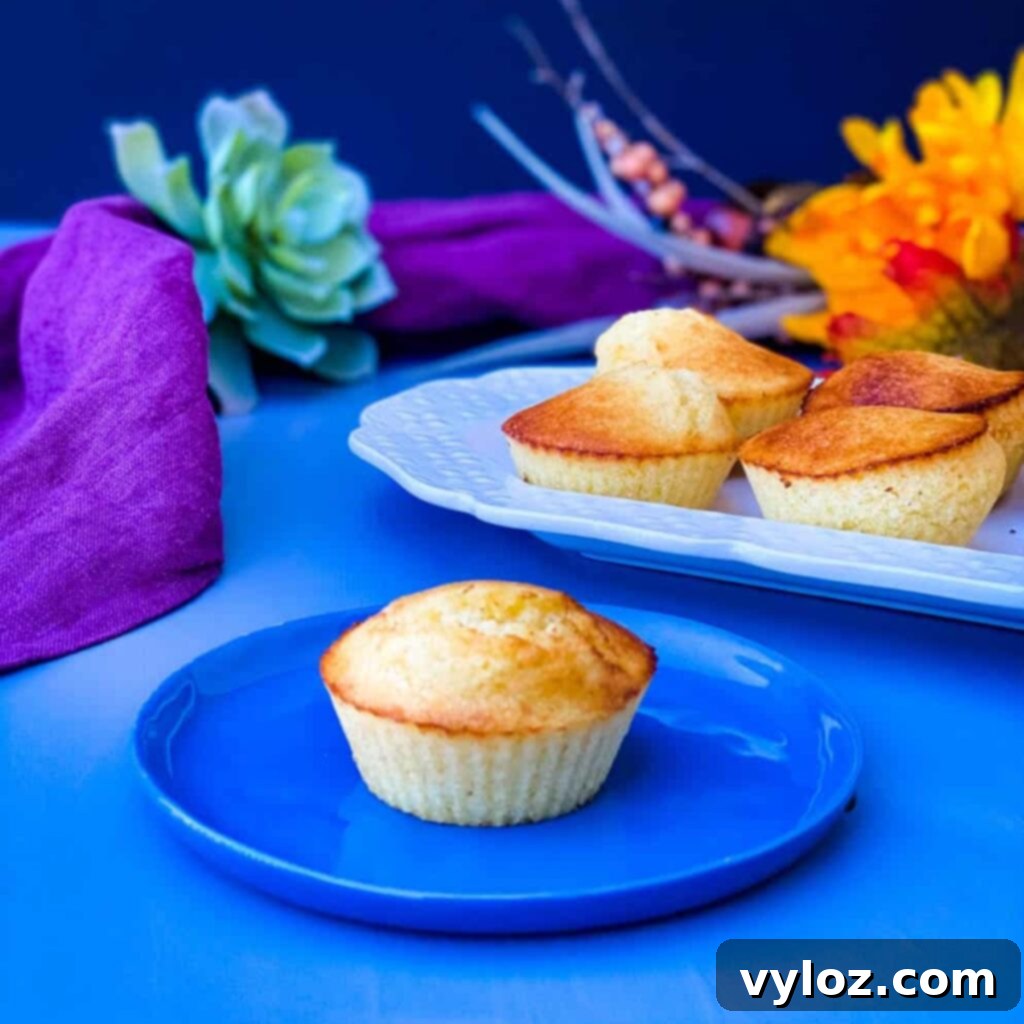 Crispy Air Fryer Cornbread 2 Golden brown air fryer cornbread muffin on a white plate, ready to be enjoyed.