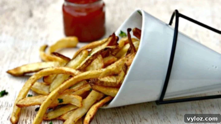 Crispy homemade French fries made in an air fryer, a healthy and low-calorie alternative to deep-fried potatoes.