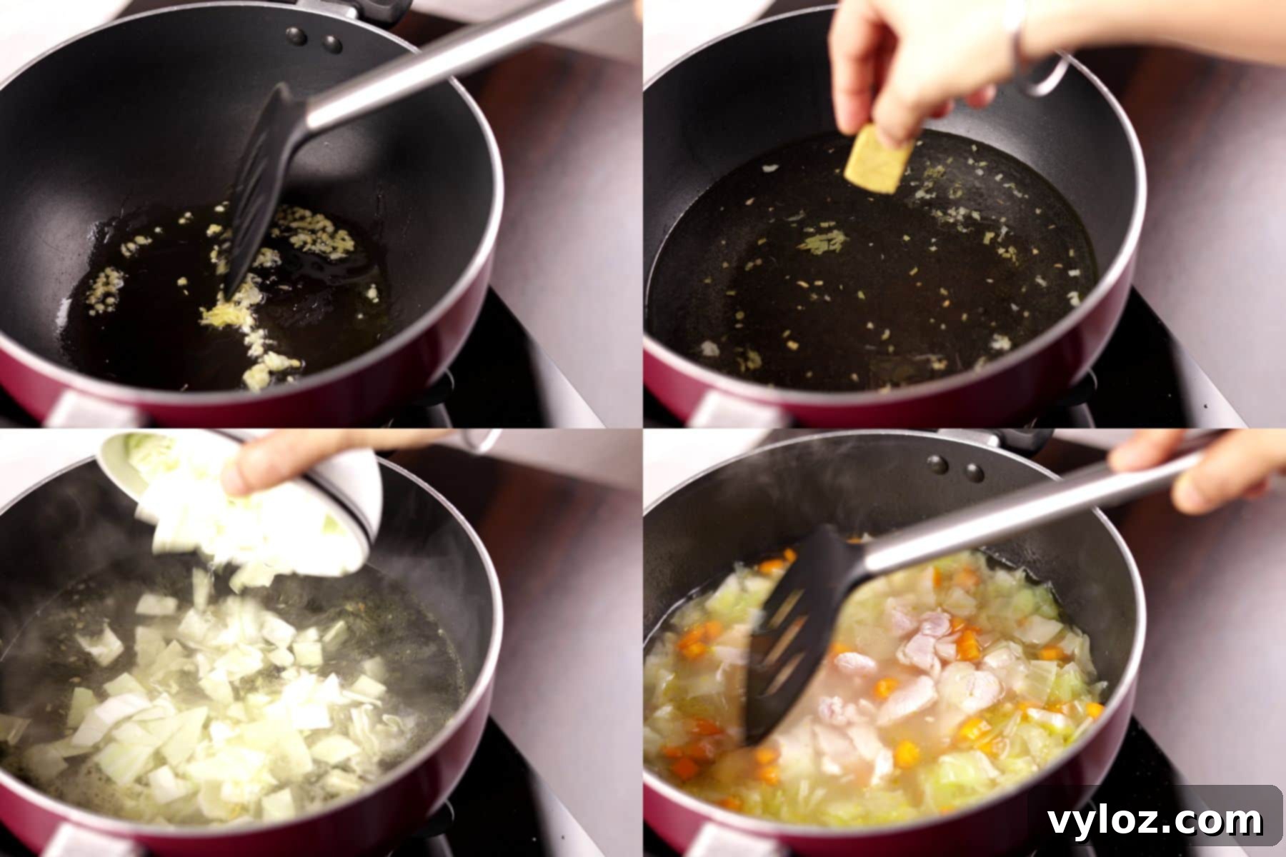 Zippy Asian Chicken Cabbage Soup 4 A four-panel collage showing the cooking process of Asian chicken cabbage soup: sautéing aromatics, adding water and stock, simmering vegetables, and cooking chicken slices.