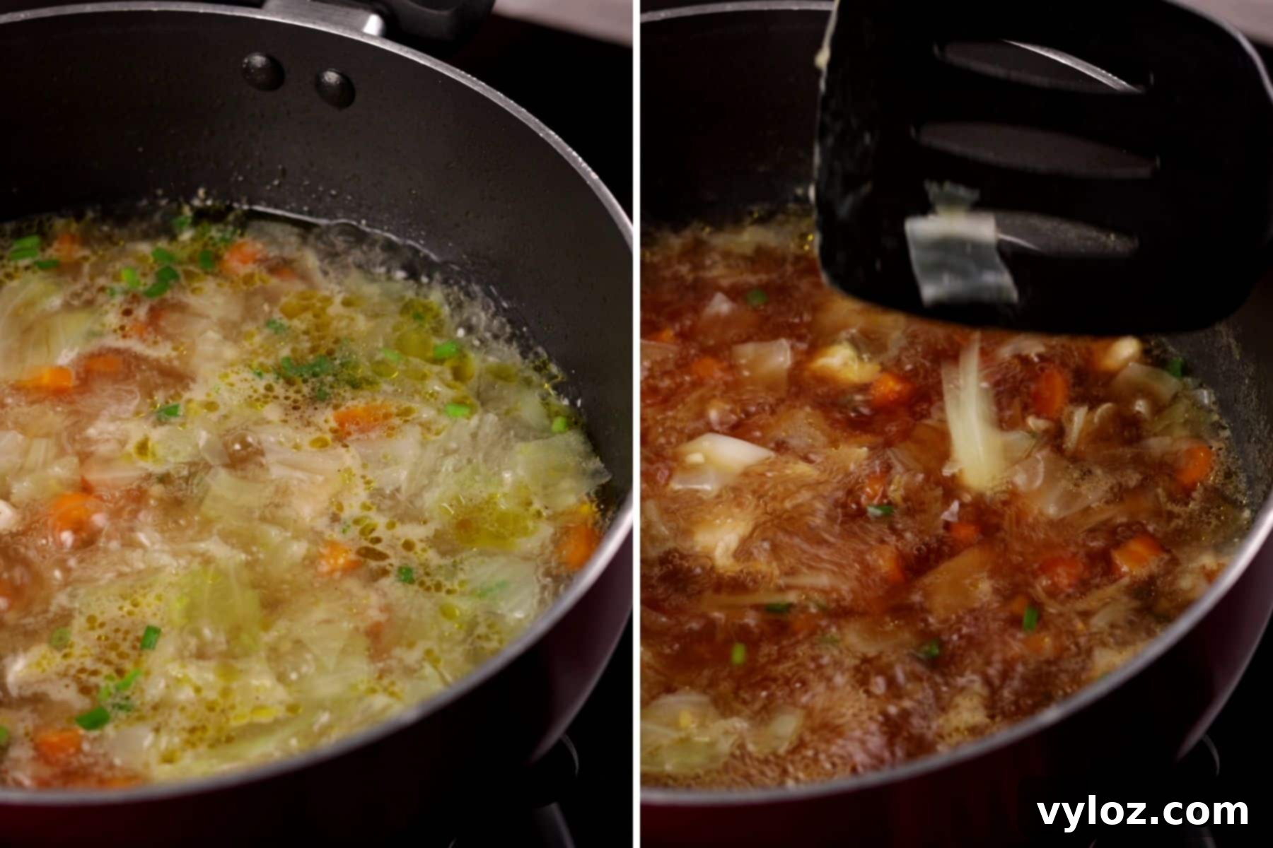 Zippy Asian Chicken Cabbage Soup 5 A two-panel collage demonstrating the final steps of preparing Asian style chicken and cabbage soup: seasoning with soy sauce and adding green onions, followed by a final stir.