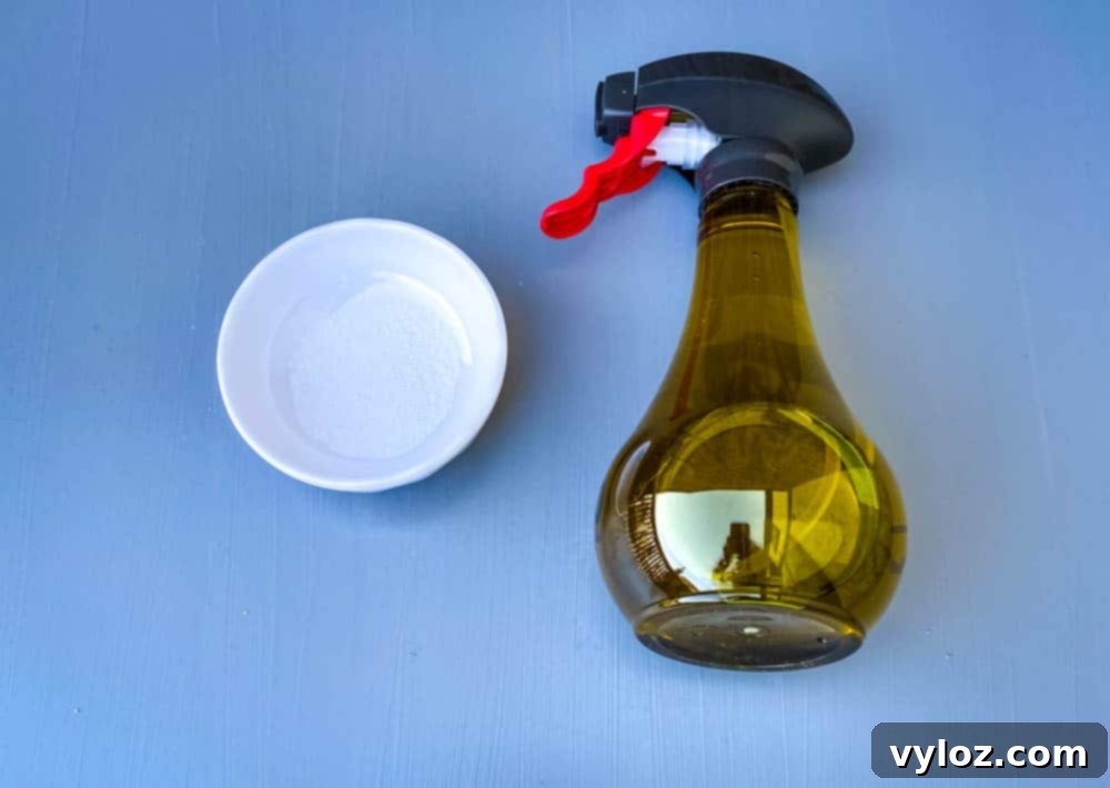olive oil in a bottle and salt for air fryer tortilla chips