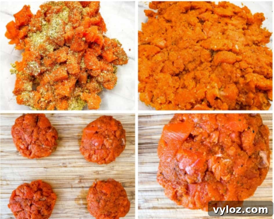 collage photo of in process photos of keto salmon patties, diced salmon in a glass bowl with seasoning, and raw salmon patties on a cutting board