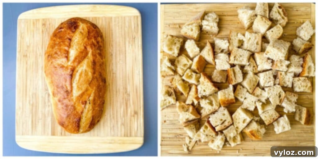 Crispy Air Fryer Croutons 4 A rustic loaf of sourdough bread on a cutting board next to sourdough bread sliced into uniform cubes for air fryer croutons
