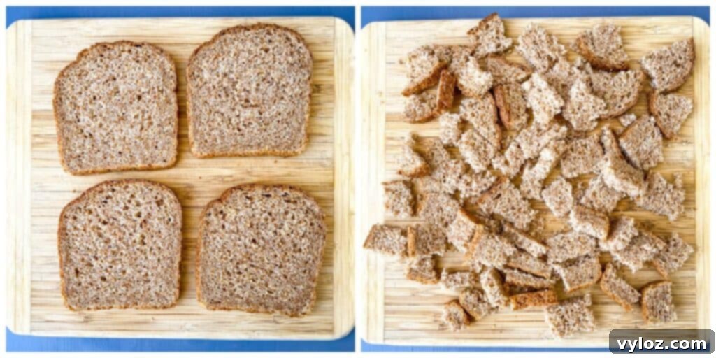 Crispy Air Fryer Croutons 5 A collage of two photos: slices of Ezekiel bread on a cutting board and Ezekiel bread sliced into cubes for air fryer croutons