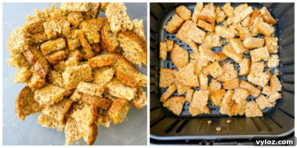 Crispy Air Fryer Croutons 7 Crispy Ezekiel bread croutons visible inside an air fryer basket after cooking