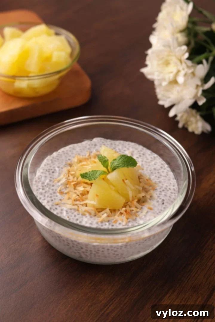 Easy Creamy Coconut Milk Chia Seed Pudding Breakfast 2 Creamy coconut chia seed pudding topped with toasted coconut and pineapple chunks in a glass bowl.